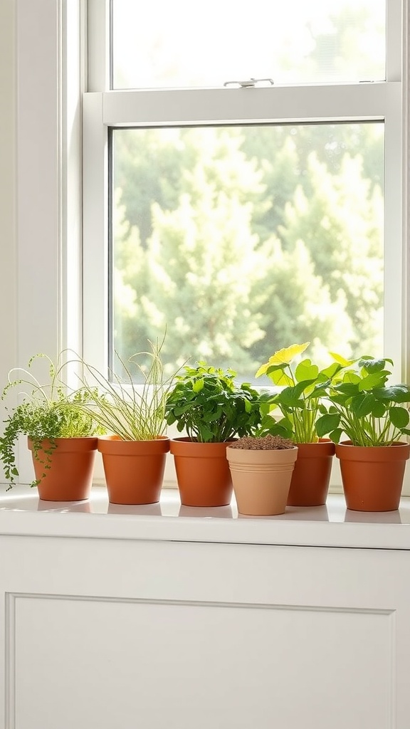 A row of herb plants in terracotta pots on a kitchen window sill