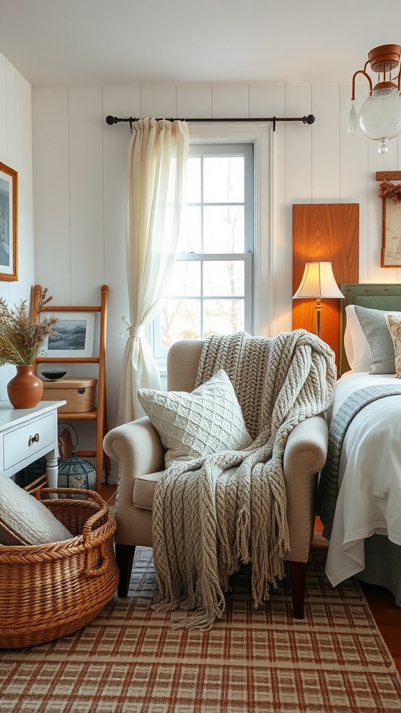 A cozy bedroom corner featuring a knitted throw on an armchair, a knitted pillow, and a woven basket.