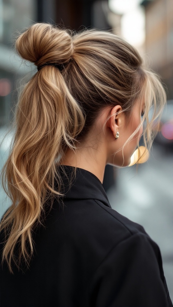 A woman with a stylish knot-chic ponytail, featuring loose strands framing her face.