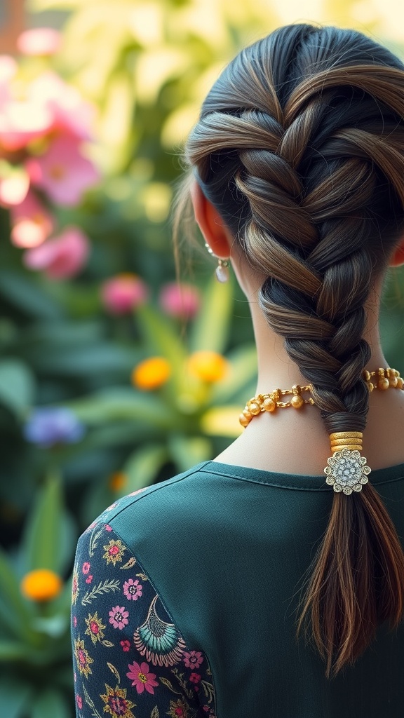 A woman with a knot braid hairstyle, adorned with a decorative hair tie and necklace, set against a floral background.