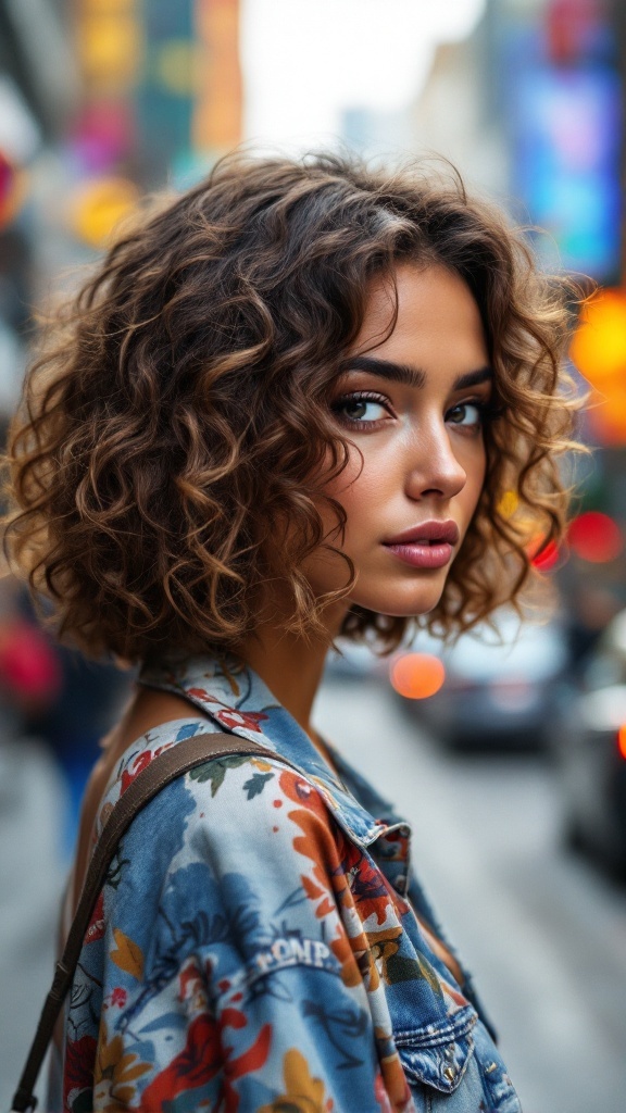 A woman with a knotless bob hairstyle featuring curly ends, wearing a floral jacket in a city setting.
