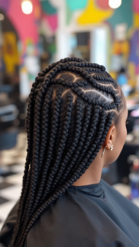 A close-up view of knotless box braids on a woman's hair, showcasing the neat and stylish pattern.