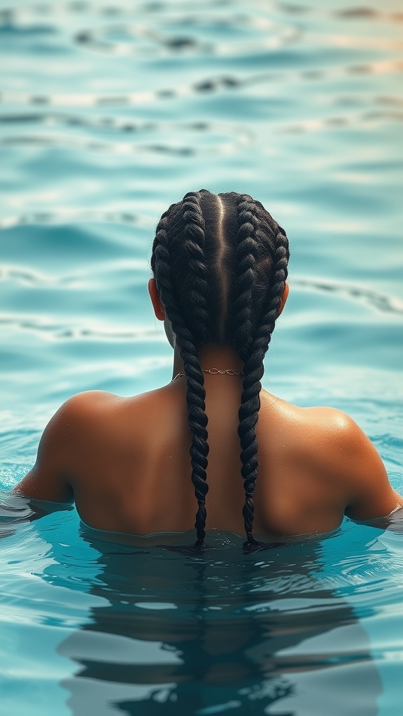 A person with knotless braids swimming in a pool