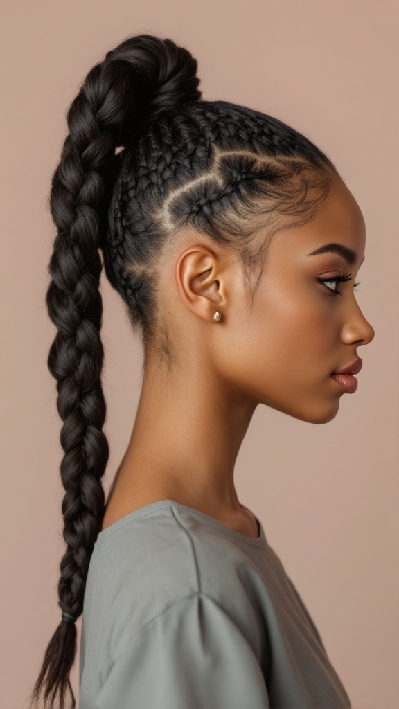 A woman with knotless braids styled into a high ponytail, showcasing a sleek and polished look.