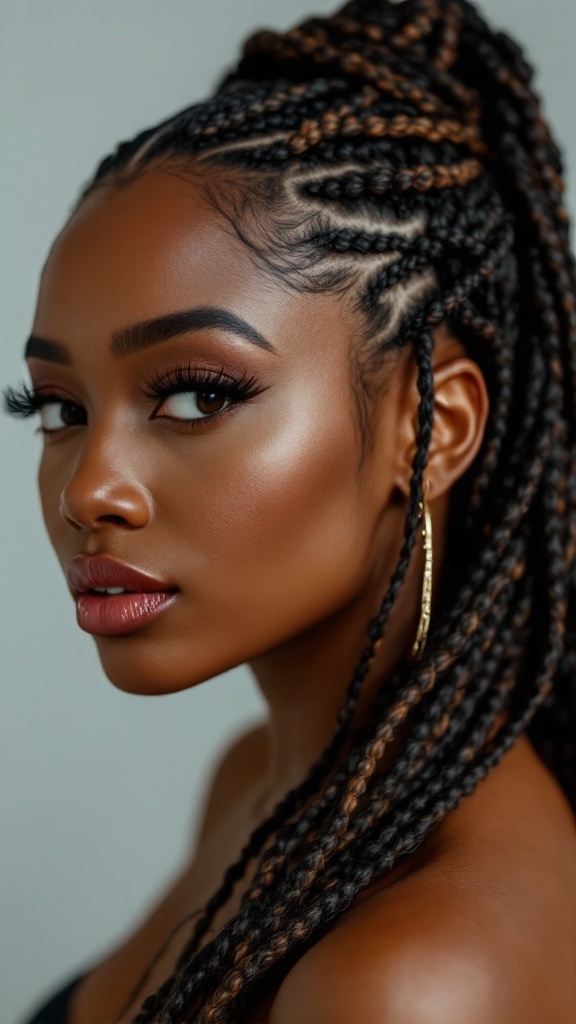 Close-up of a woman with medium knotless braids styled elegantly.