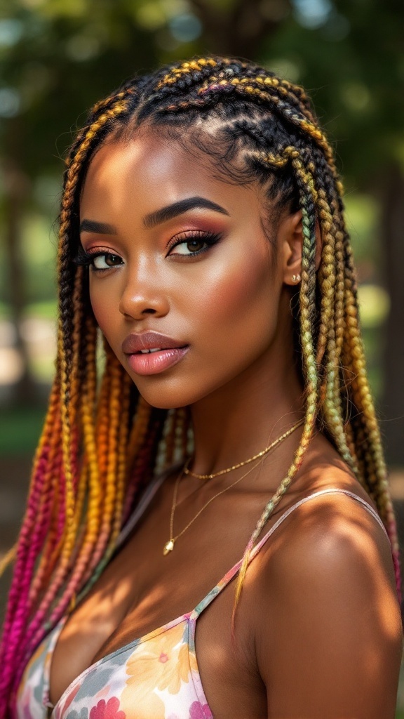 A close-up of a woman with medium knotless braids featuring color highlights in shades of blonde and pink.