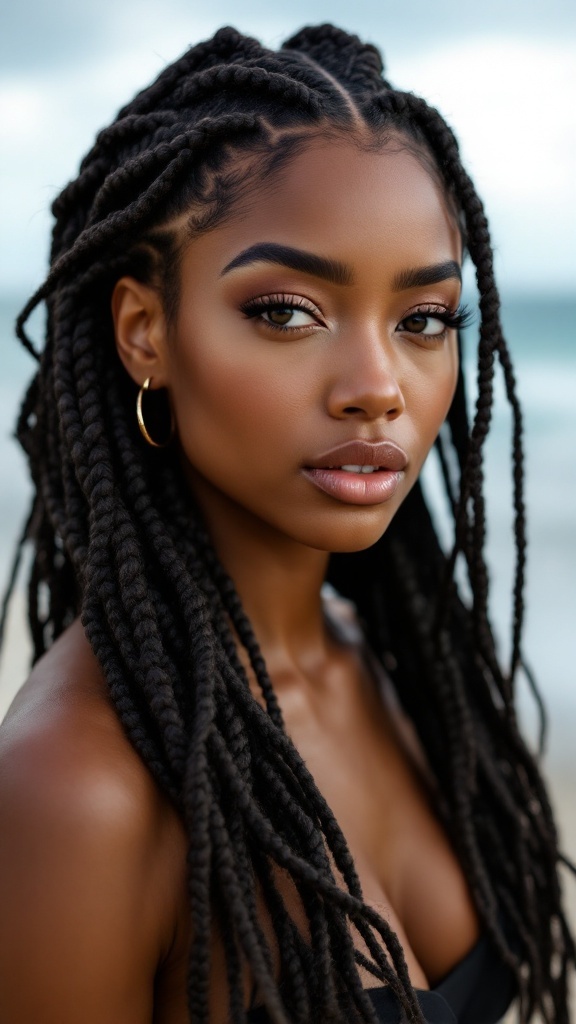 A close-up of a person with knotless braids styled in deep waves, showcasing their hair and natural beauty.