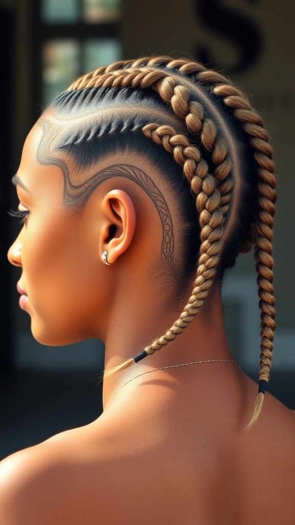 Woman with medium knotless braids featuring face-framing highlights and intricate shaved patterns.