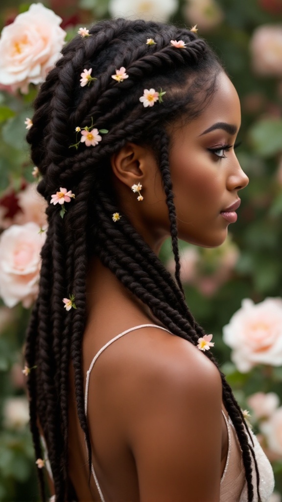A side profile of a person with knotless braids adorned with small floral accents