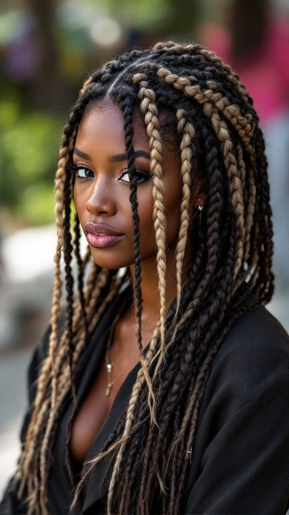 Portrait of a woman with medium knotless braids featuring an ombre effect, showing dark roots transitioning to lighter tips.
