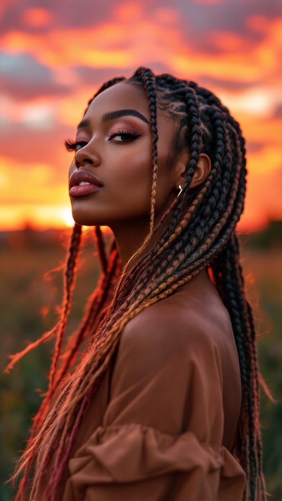 A woman with knotless braids featuring an ombre effect, standing against a vibrant sunset.