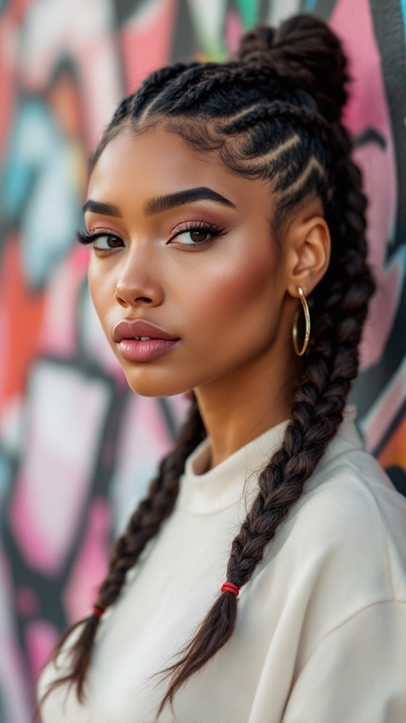 A young woman with medium knotless braids styled in a bun, featuring an undercut design.