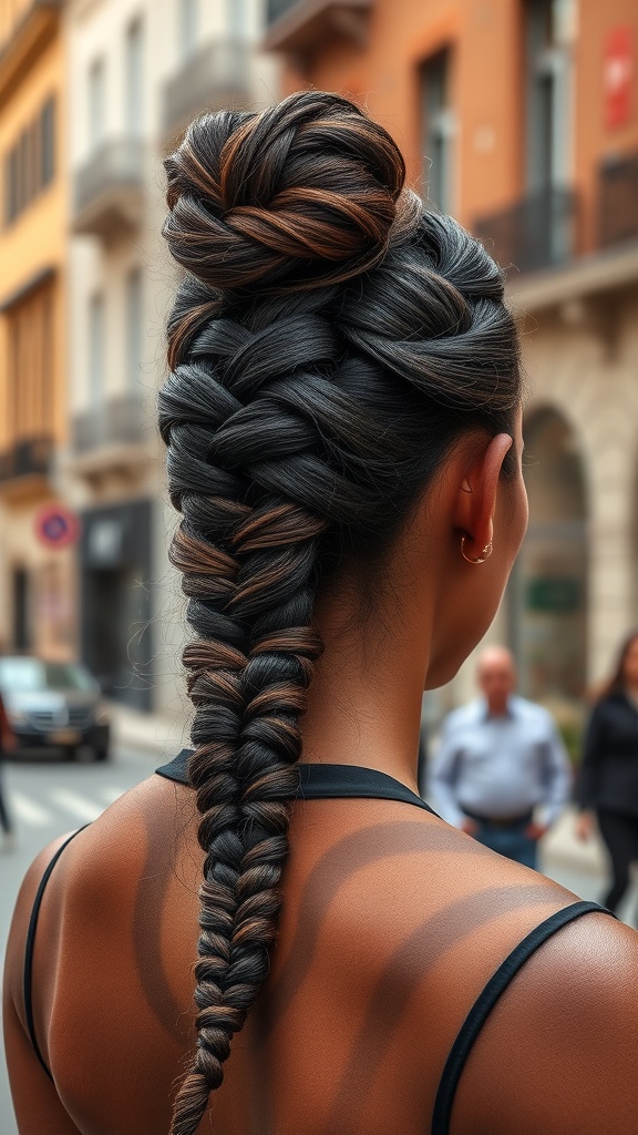 A close-up view of a knotted braid updo hairstyle, featuring a braid flowing into a top knot.