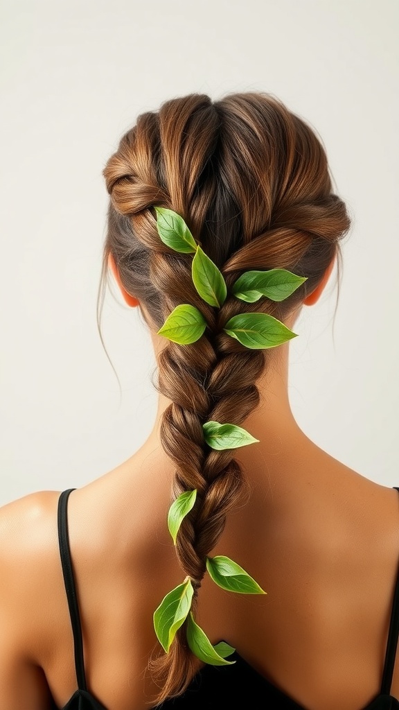 A knotted braid hairstyle adorned with fresh green leaves, showcasing a beautiful spring vibe.