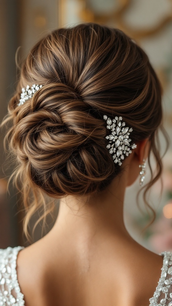 A close-up view of a knotted bun hairstyle adorned with sparkling accessories, showcasing elegance and style.