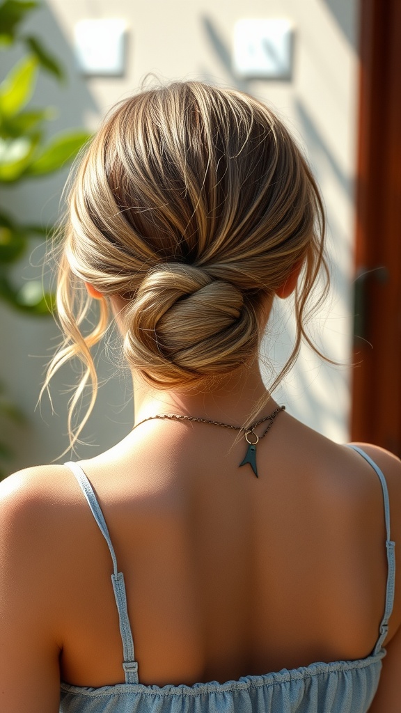 A close-up view of a knotted low bun hairstyle with wispy strands, set against a light background.