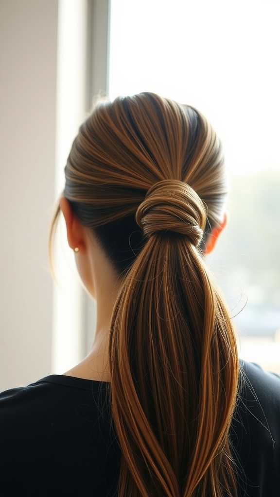 A woman with a knotted ponytail hairstyle, showcasing a sleek finish, standing by a window.