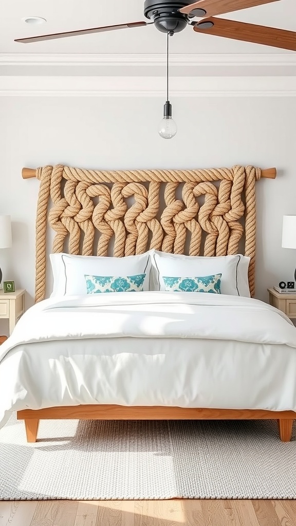 A bedroom featuring a knotted rope headboard with a cozy bed and decorative pillows.