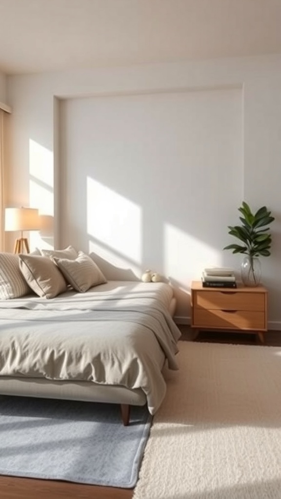A cozy L-shaped corner bed with neutral bedding and wooden furniture in a bright room.