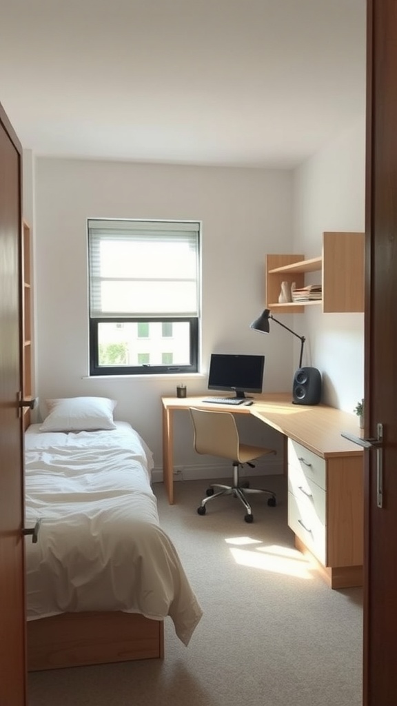A compact bedroom with an L-shaped desk, bed, and window