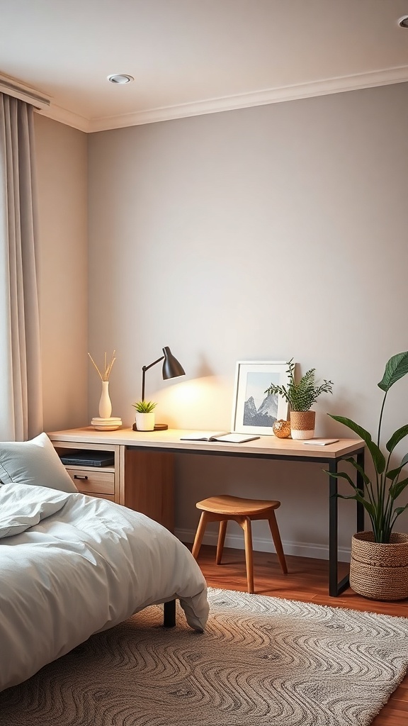 Cozy bedroom corner featuring an L-shaped desk with a lamp, plants, and a comfortable bed.