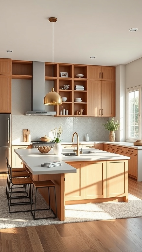 A modern kitchen featuring an L-shaped island with bar stools, warm wood cabinetry, and natural light.