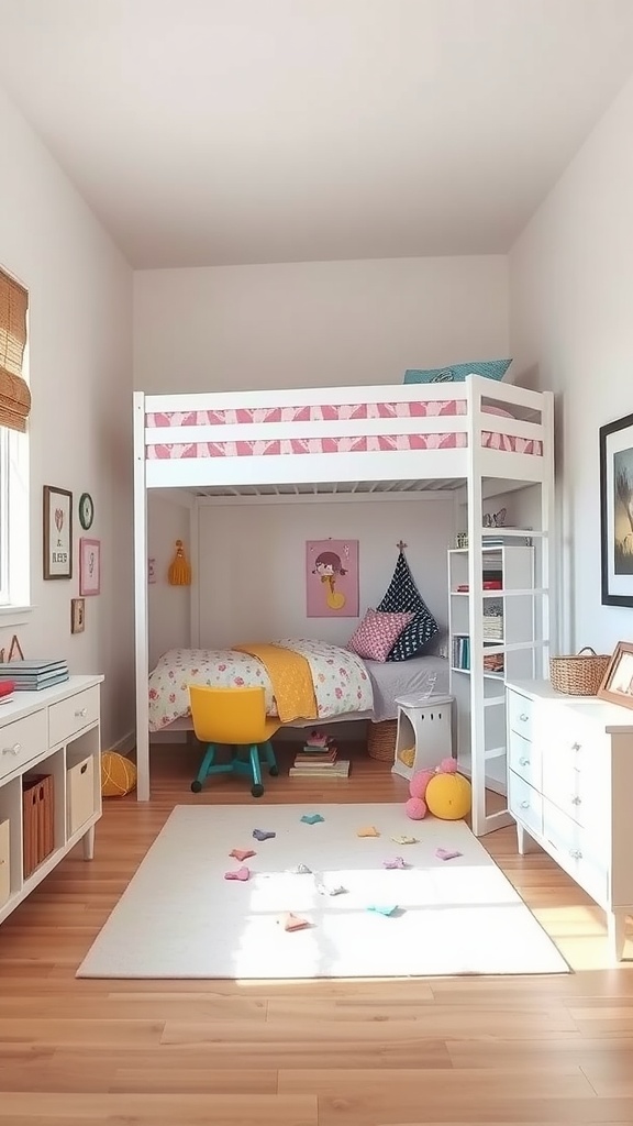 A colorful L-shaped loft bed in a cozy kids' room with playful decor and a reading nook underneath.