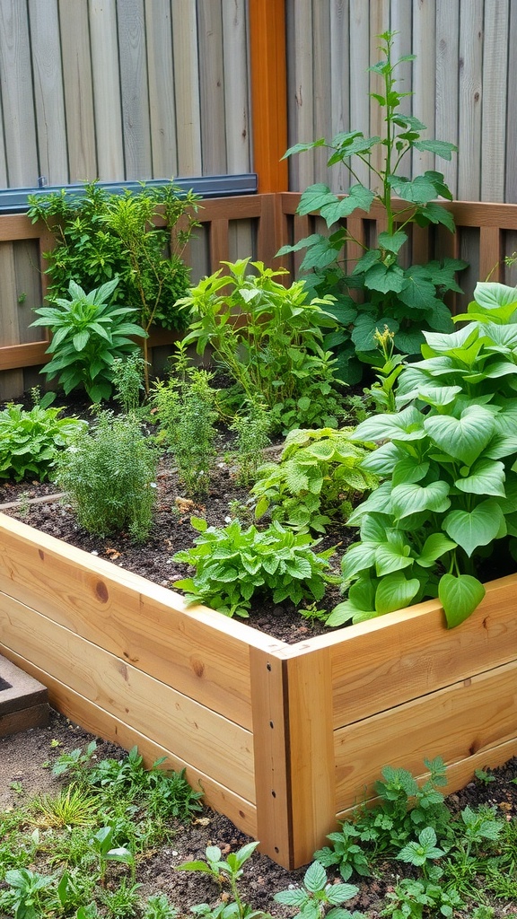 L-shaped wooden raised garden bed filled with various plants