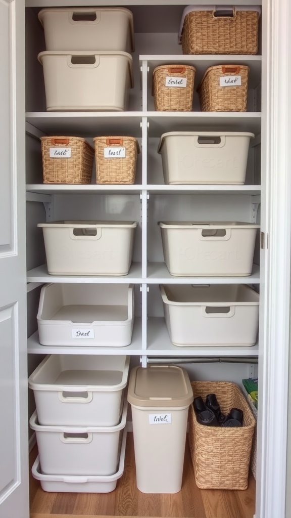 Organized closet with labeled storage bins and baskets