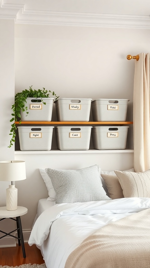 Organized bedroom with labeled storage bins on a shelf
