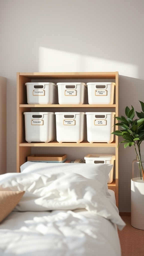 A neatly organized bedroom storage shelf with labeled containers.