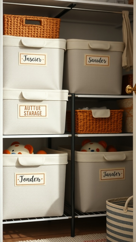 Organized toddler closet with labeled storage bins.