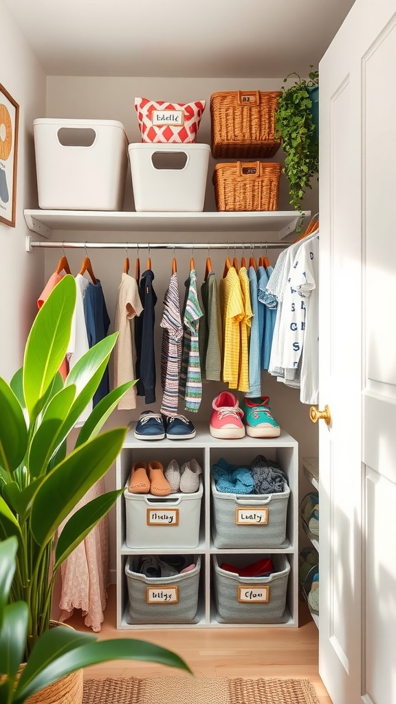 A well-organized kids' closet featuring labeled bins and neatly hung clothes.