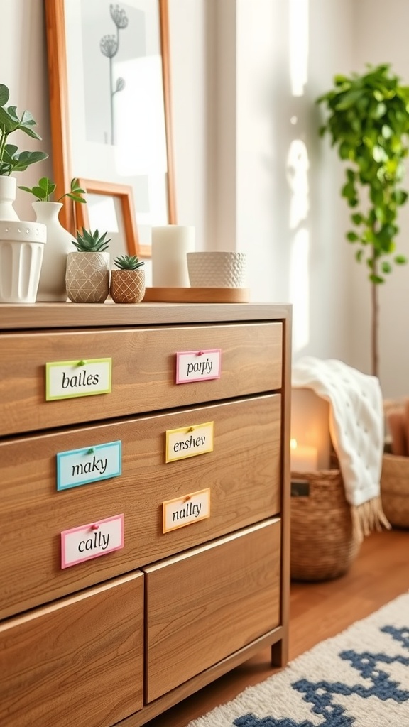 A nursery dresser with colorful labels on drawers, showcasing an organized space.