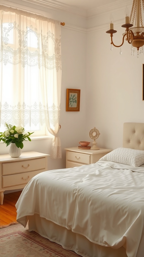 A vintage bedroom featuring lace curtains, soft bedding, and elegant furniture.