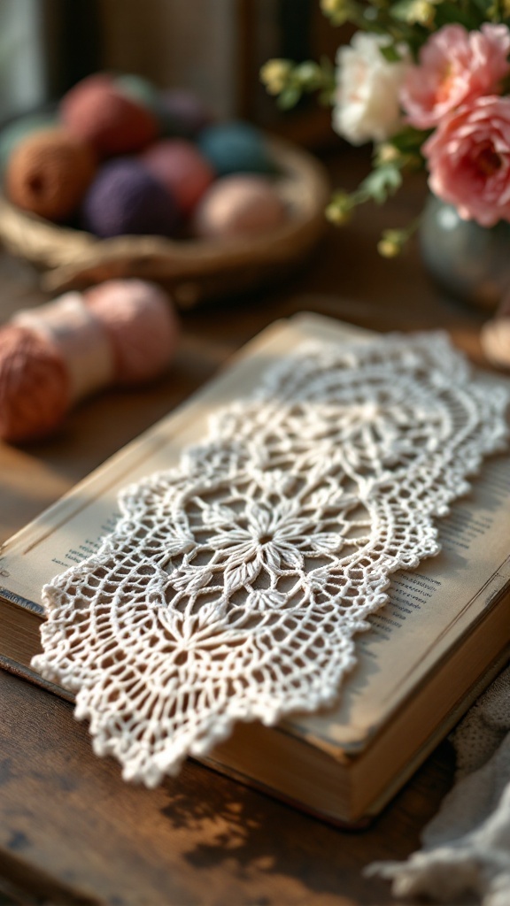 A lacy crochet bookmark resting on an open book with colorful yarn balls in the background.