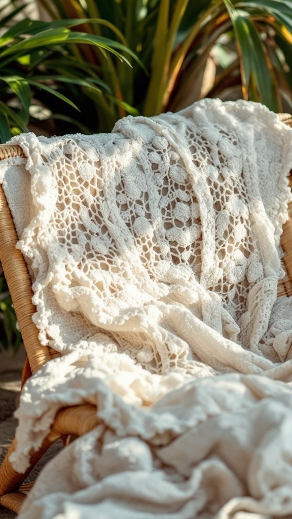 A delicate lacy crochet top draped over a chair with greenery in the background.