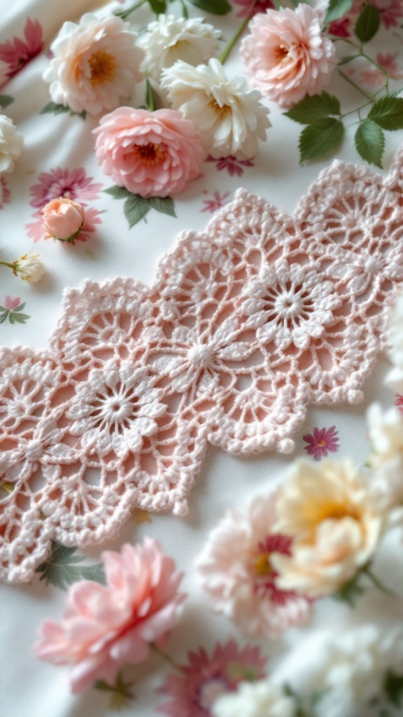 A lacy crochet headband displayed among colorful spring flowers