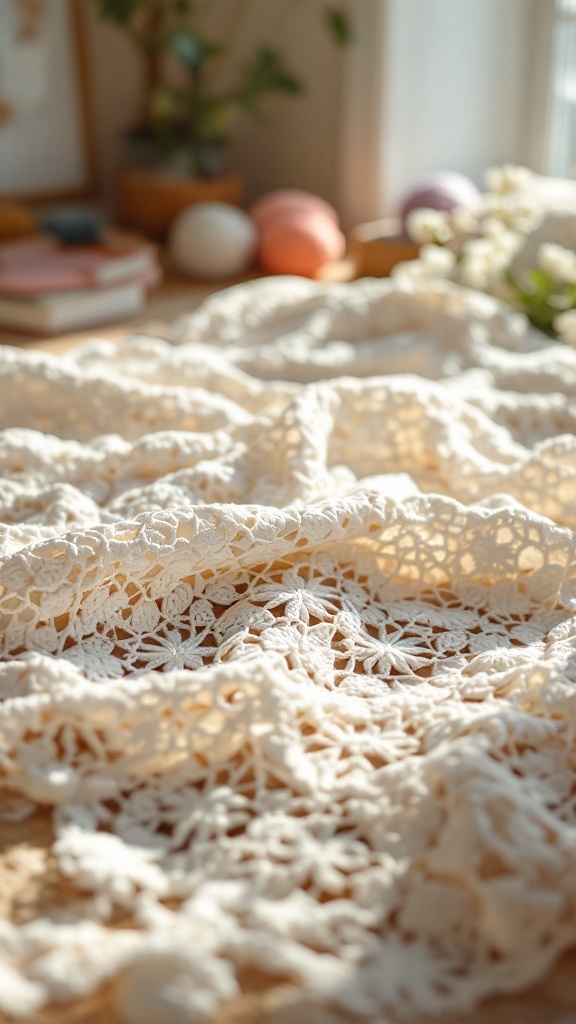 A close-up of a crochet bedspread featuring lacy floral motifs, with soft textures and warm colors.