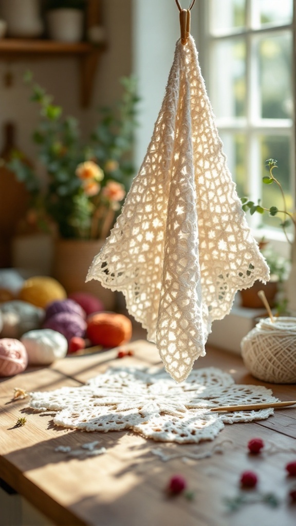 A beautiful lacy star patterned dishcloth hanging in a bright kitchen, surrounded by colorful yarns.