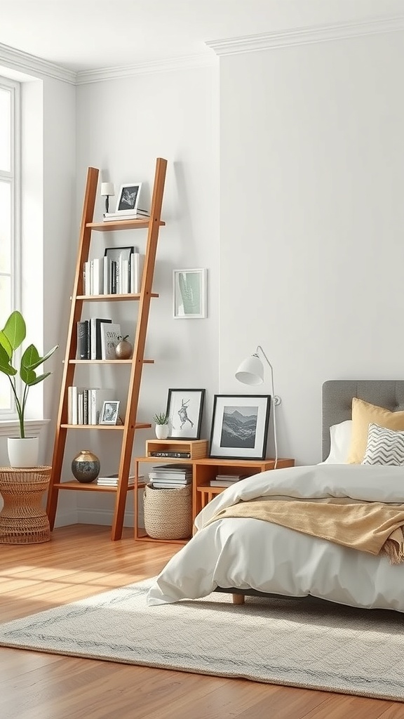 A cozy bedroom featuring a ladder-style bookshelf against the wall, filled with books and decor.