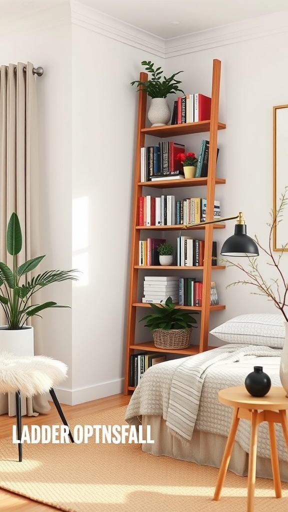 A wooden ladder-style corner bookshelf filled with books and plants, placed in a cozy room.