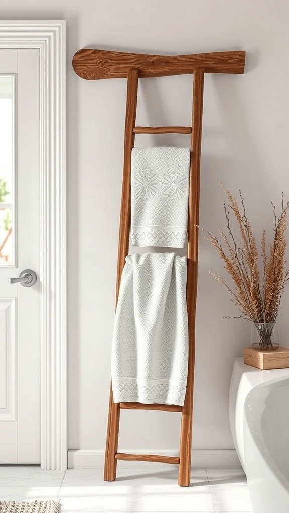 A wooden ladder-style towel holder with two white towels hanging on it, set against a light wall.