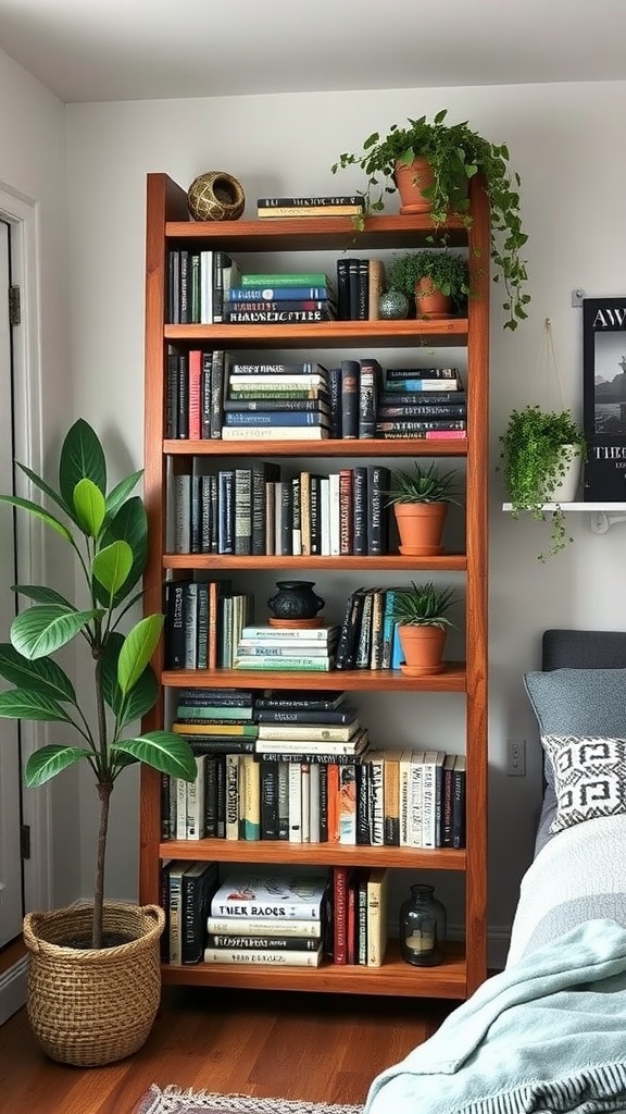 A wooden ladder bookshelf filled with books and potted plants in a cozy bedroom setting.