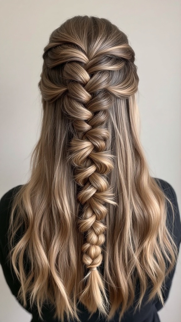 A close-up of a ladder braid hairstyle on long hair
