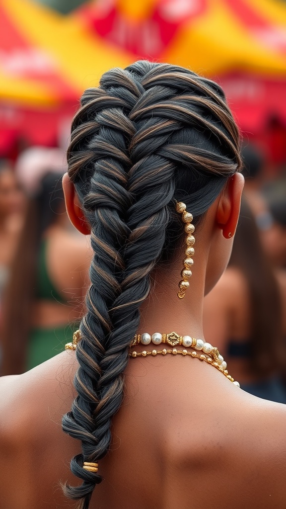 A woman with a ladder braid hairstyle decorated with beads, showcasing a stylish bohemian look.