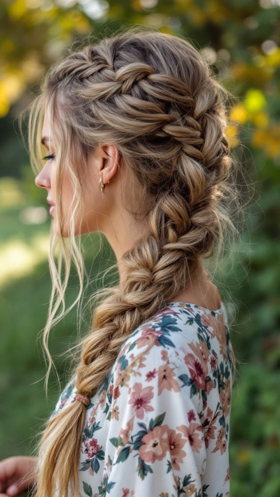 A woman with a ladder braid hairstyle, featuring loose ends, standing outdoors.