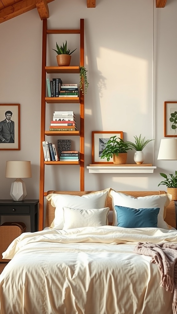 A cozy bedroom featuring a wooden ladder shelf with books and plants, creating a rustic touch.
