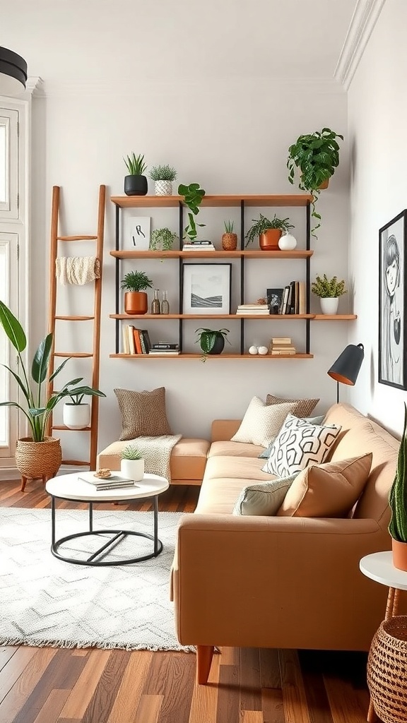 A cozy living room featuring ladder shelves with plants and decorative items.