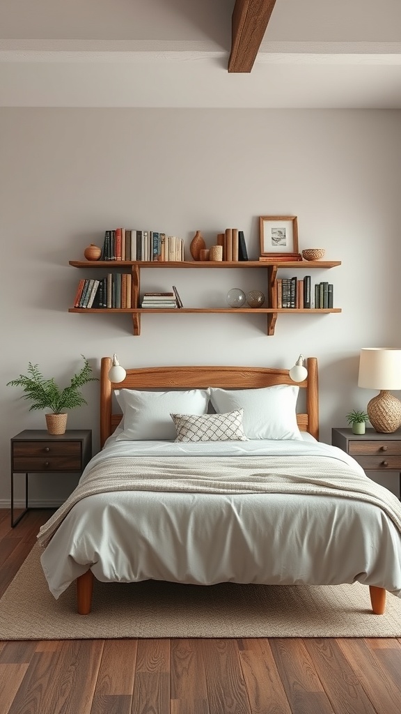 A cozy bedroom featuring a wooden ladder shelf above the bed, displaying books and decorative items.